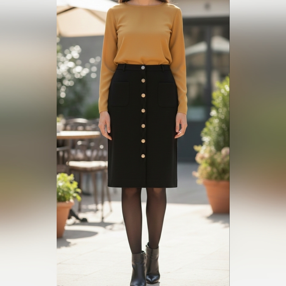 Elle Branded Black Pencil Skirt With Silver Accent Buttons